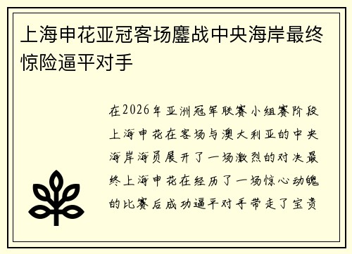 上海申花亚冠客场鏖战中央海岸最终惊险逼平对手 上海申花亚冠客场鏖战中央海岸最终惊险逼平对手